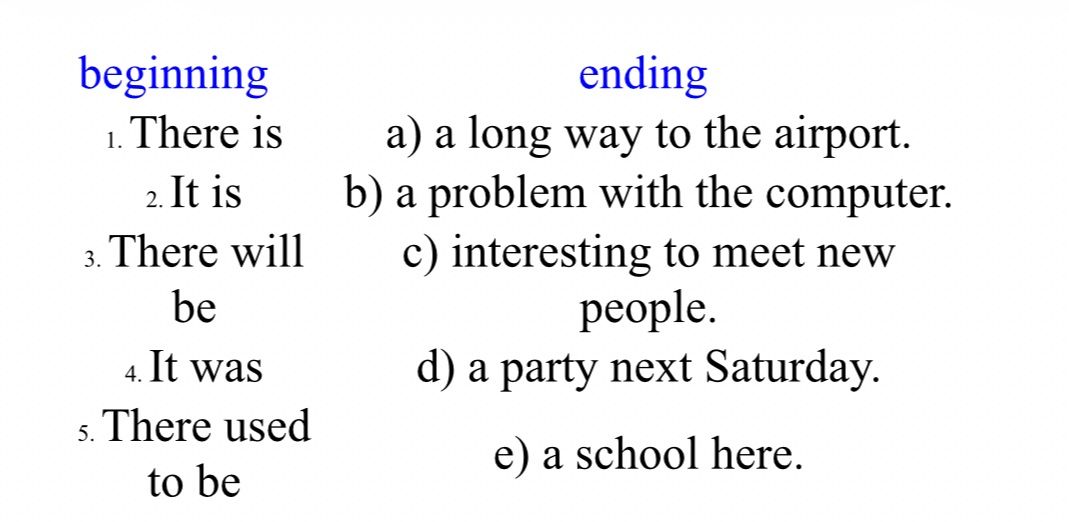 Фото задания: Match the beginnings (1–5) with the endings (a–e) to make complete sentences: 1) There is; 2) It is; 3) There will be; 4)…