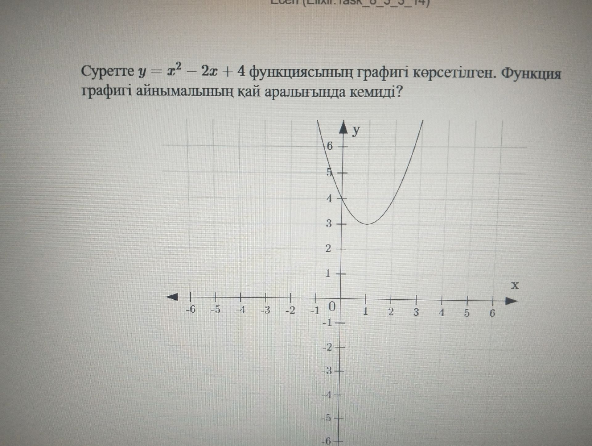 Фото задания: Суретте y = x² − 2x + 4 функциясының графигі көрсетілген. Функция графигі айнымалының қай аралығында кемиді?