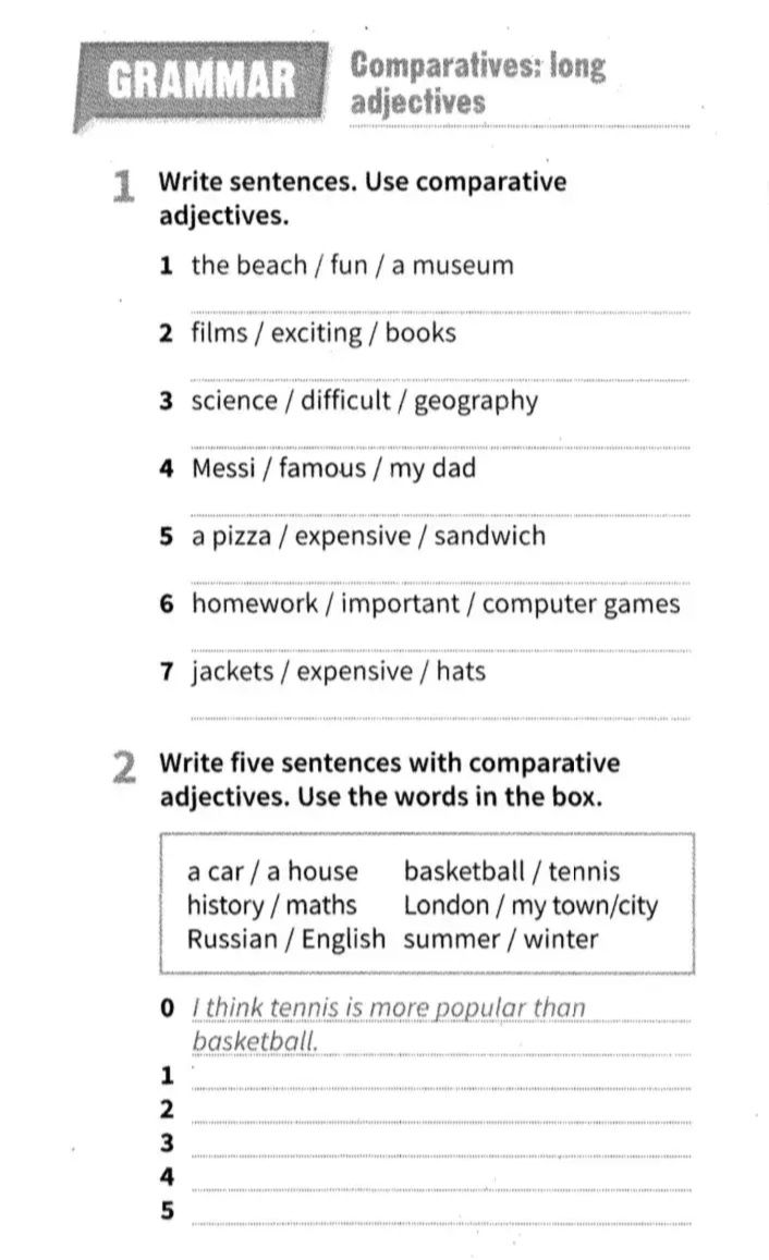 Фото задания: 2. Write five sentences with comparative adjectives. Use the words in the box: a car / a house; basketball / tennis;…