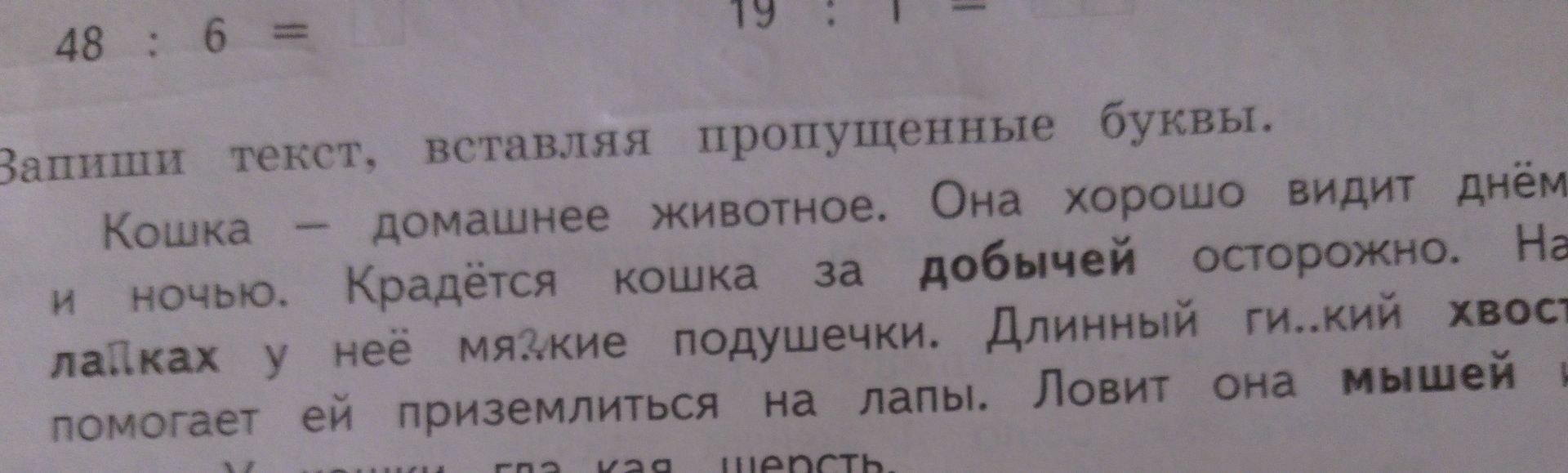 Фото задания: Запиши текст, вставляя пропущенные буквы: «Кошка — домашнее животное. Она хорошо видит днём и ночью. Крадётся кошка за…