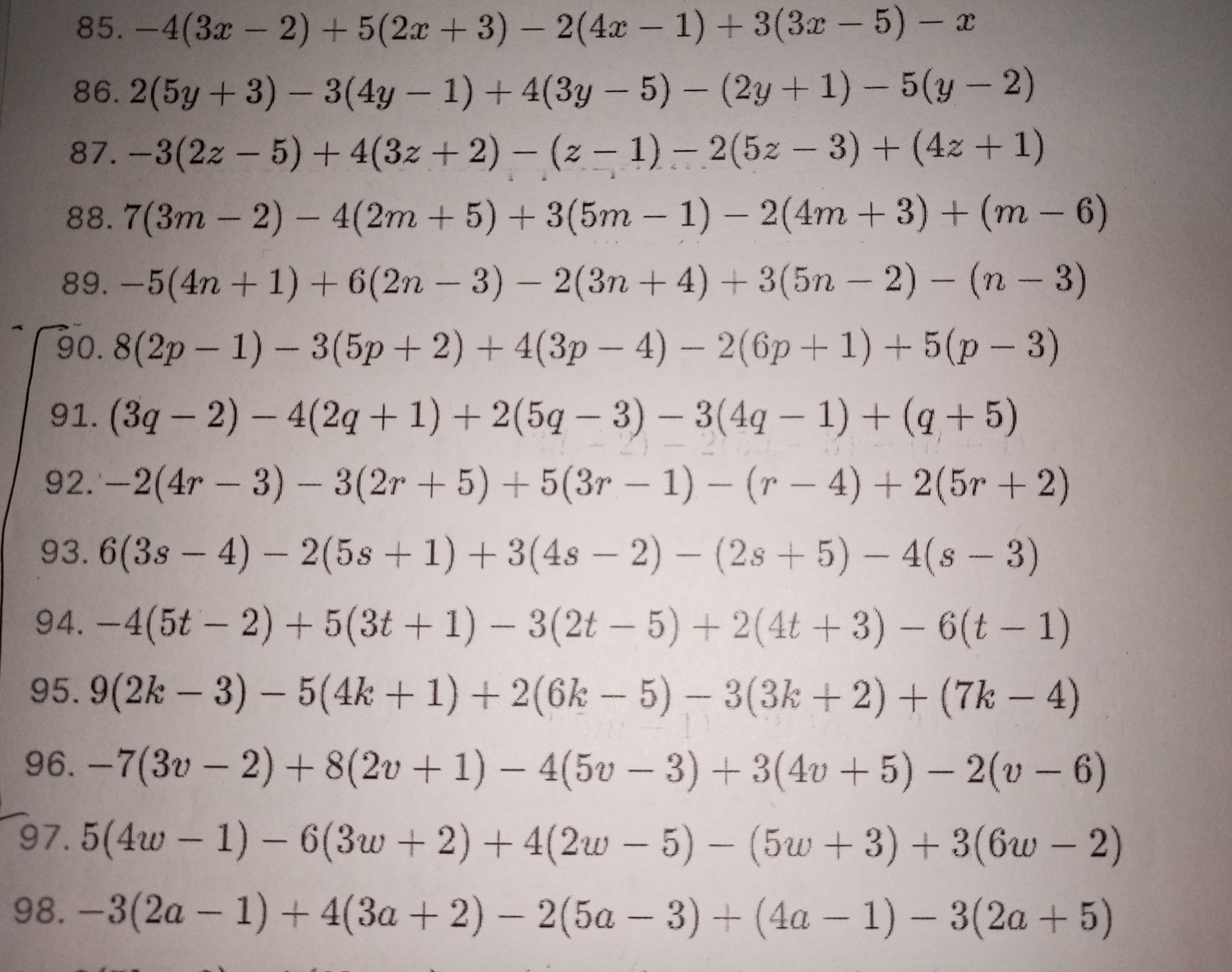 Фото задания: 98. −3(2a − 1) + 4(3a + 2) − 2(5a − 3) + (4a − 1) − 3(2a + 5)