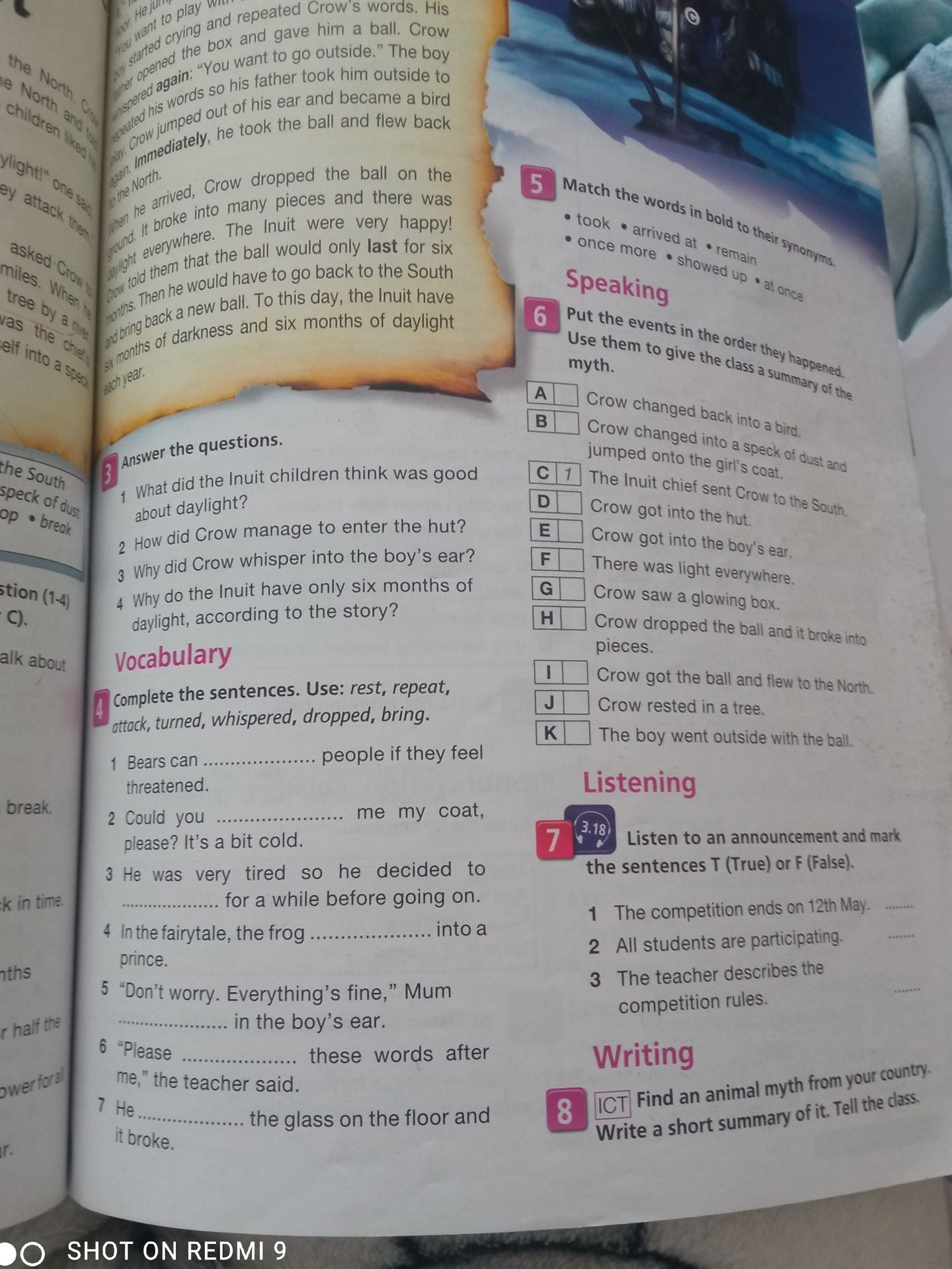 Фото задания: 6. Put the events in the order they happened. Use them to give the class a summary of the myth. A) Crow changed back into a…