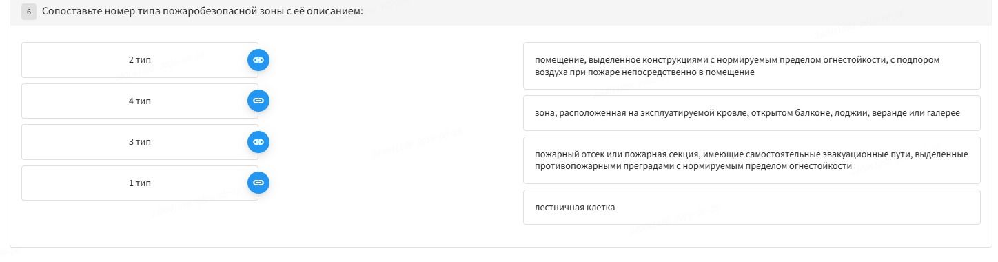 Фото задания: Сопоставьте номер типа пожаробезопасной зоны с её описанием: 2 тип; 4 тип; 3 тип; 1 тип. Описания: помещение, выделенное…