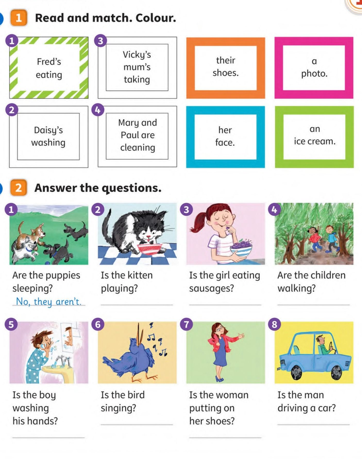 Фото задания: 1. Read and match. Colour. Match: 1) Fred’s eating; 2) Daisy’s washing; 3) Vicky’s mum’s taking; 4) Mary and Paul are…