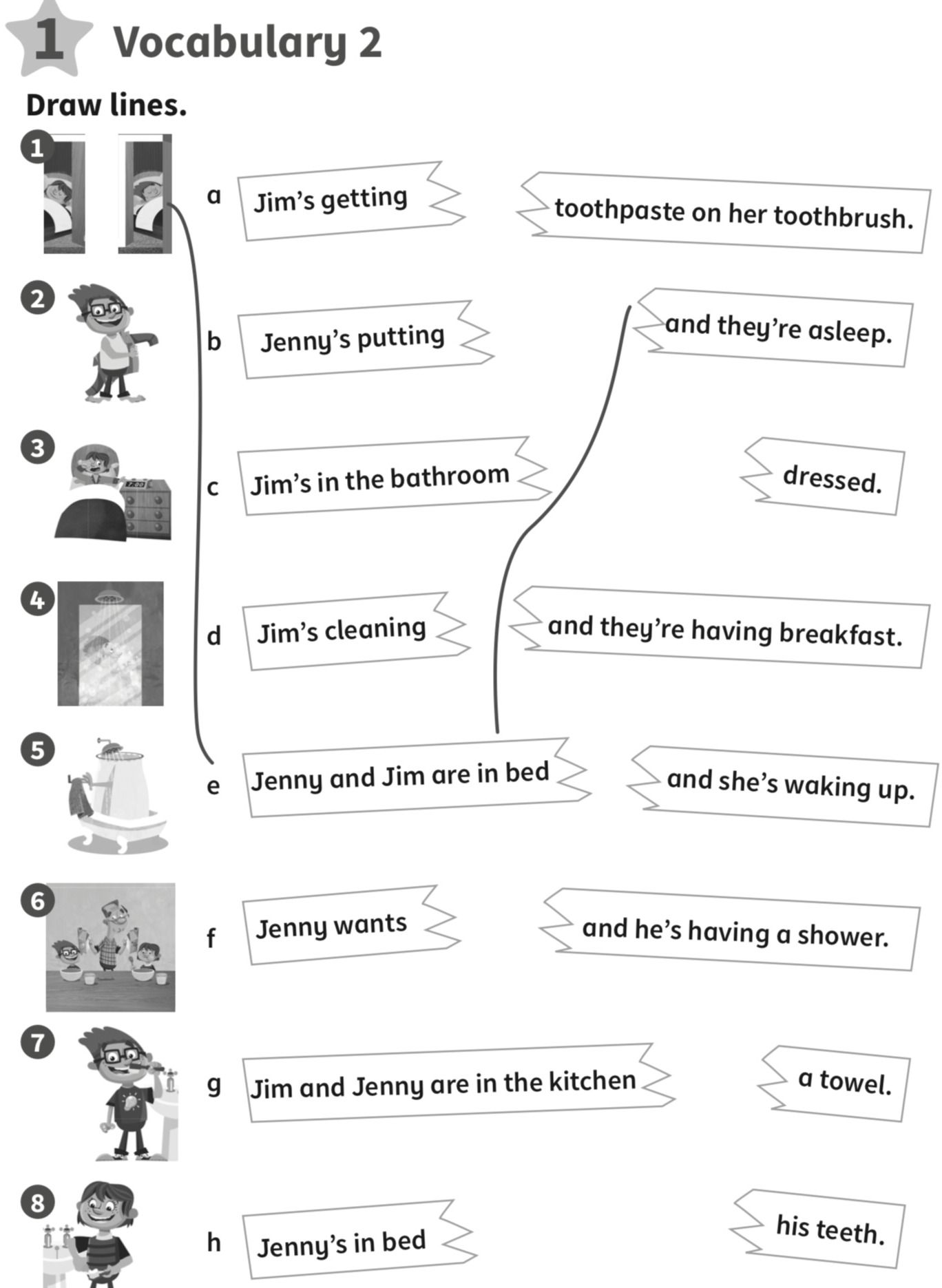 Фото задания: Vocabulary 2. Draw lines. Match the pictures (1–8) with the sentence beginnings (a–h) and endings.