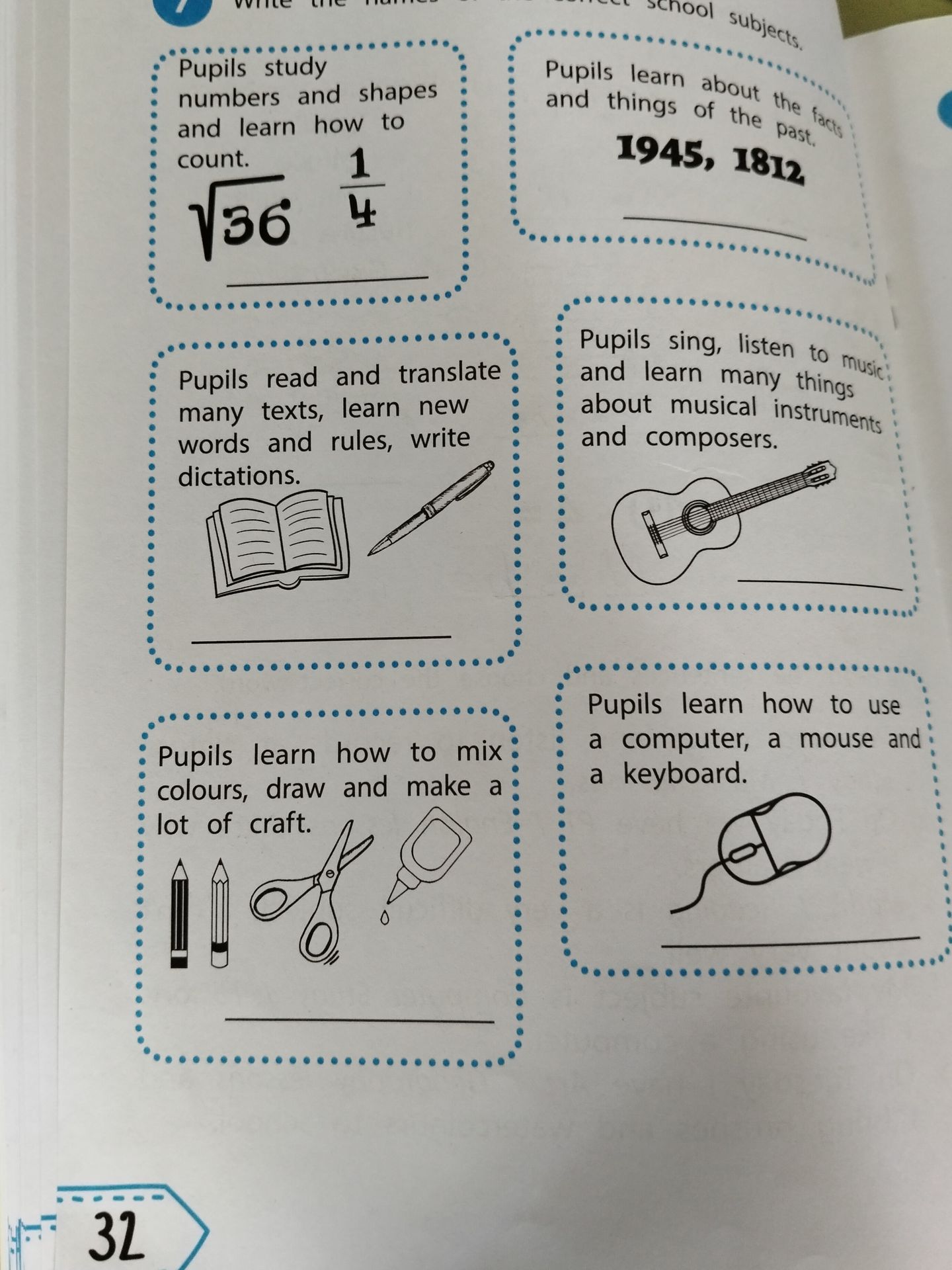 Фото задания: Write the names of the correct school subjects: a) Pupils study numbers and shapes and learn how to count. √36, 1/4; b)…