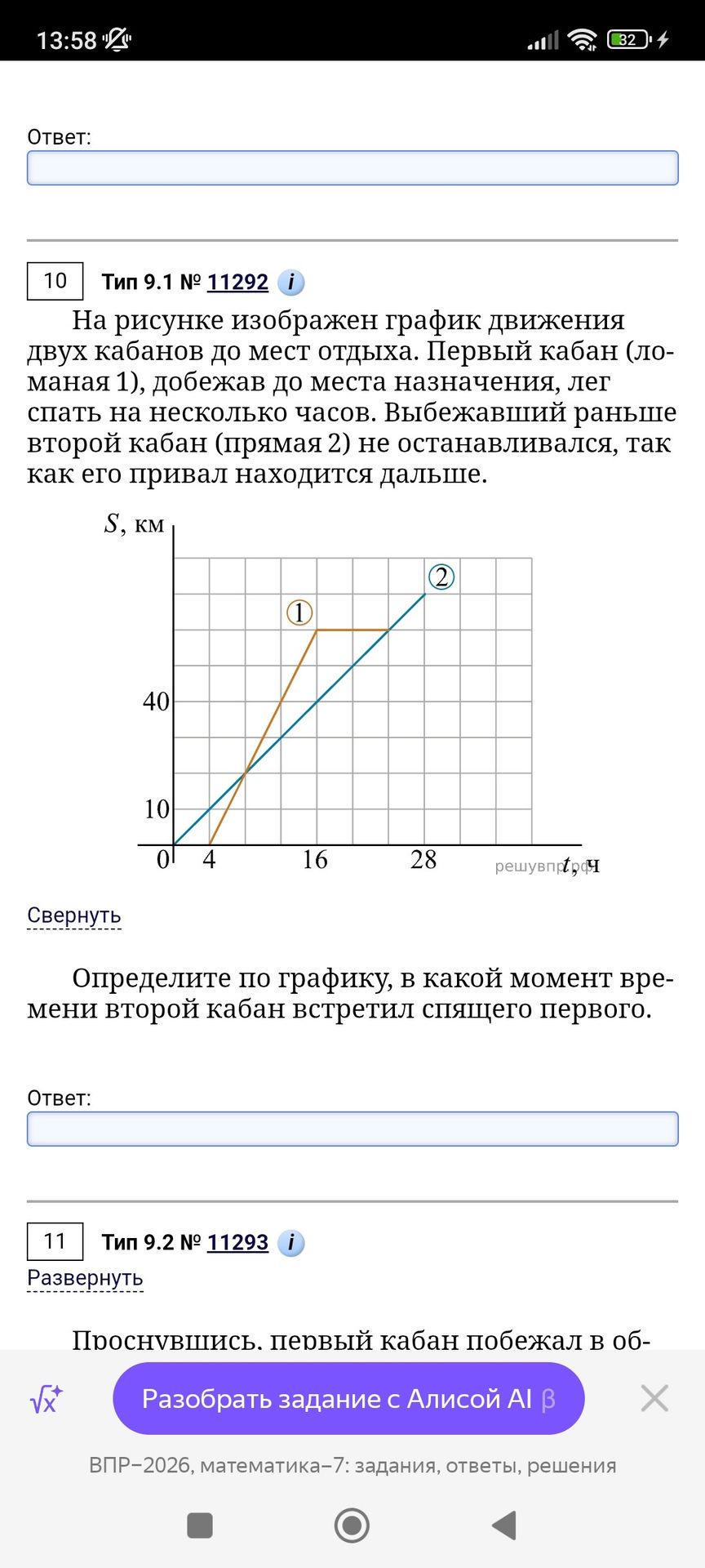 Фото задания: На рисунке изображён график движения двух кабанов до мест отдыха. Первый кабан (ломаная 1), добежав до места назначения,…
