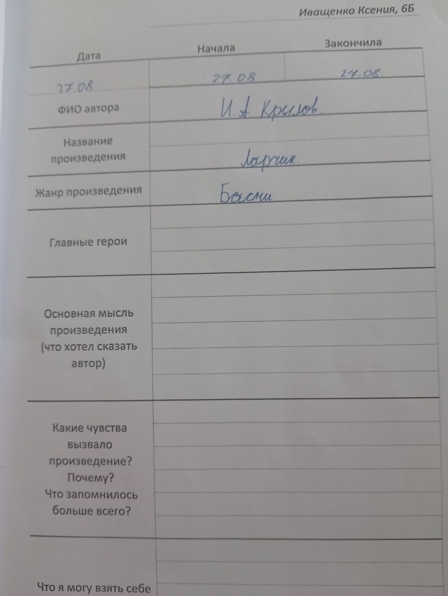 Фото задания: Заполнить читательский дневник по произведению: дата; автор; название произведения; жанр произведения; главные герои;…