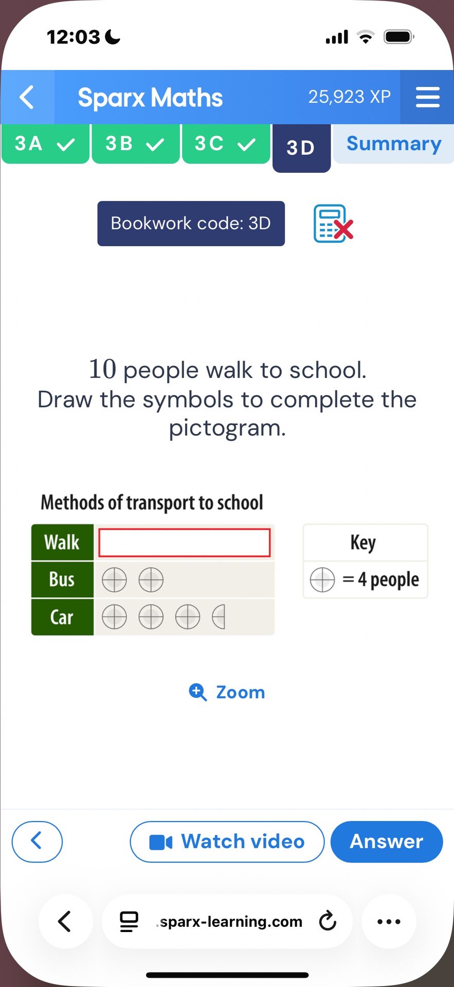 Фото задания: 10 people walk to school. Draw the symbols to complete the pictogram. Key: one whole symbol represents 4 people.