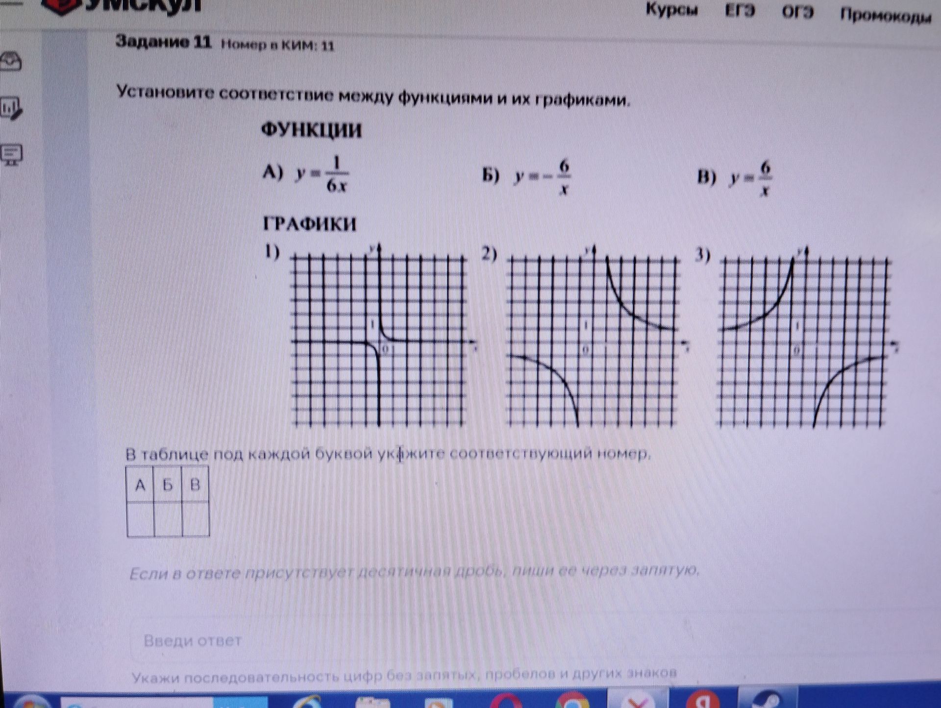 Фото задания: Установите соответствие между функциями и их графиками: А) \(y=\frac{1}{6x}\); Б) \(y=-\frac{6}{x}\); В) \(y=\frac{6}{x}\).…