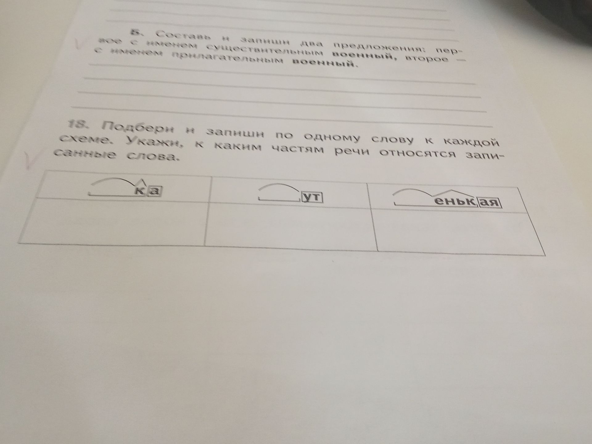 Фото задания: 18. Подбери и запиши по одному слою к каждой схеме. Укажи, к каким частям речи относятся записанные слова.