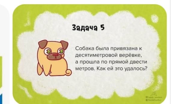 Фото задания: Собака была привязана к десятиметровой верёвке, а прошла по прямой двести метров. Как ей это удалось?