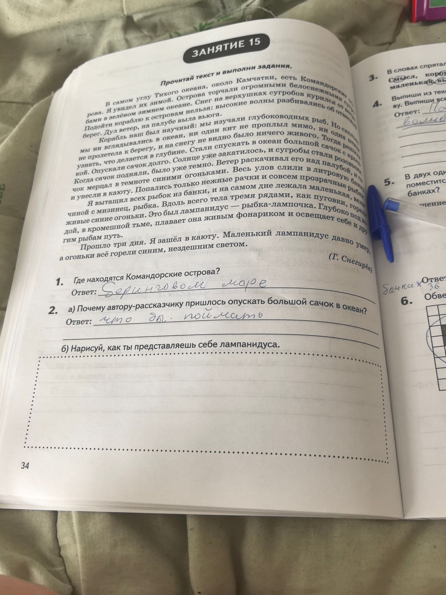Фото задания: 2. а) Почему автору-рассказчику пришлось опускать большой сачок в океан? б) Нарисуй, как ты представляешь себе лампандуса.