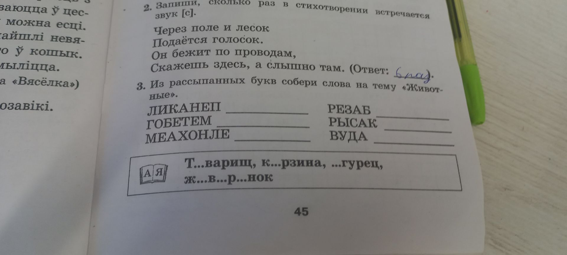 Фото задания: 3. Из рассыпанных букв собери слова на тему «Животные»: ЛИКАНЕП; ГОБЕТТЕМ; МЕАХОНЛЕ; РЕЗАВ; РЫСАК; ВУДА.
