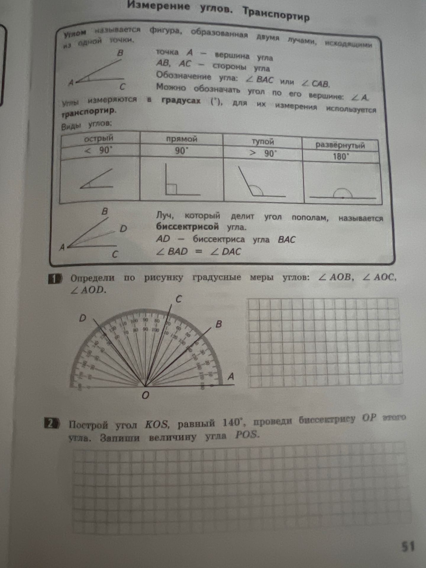 Фото задания: Определи по рисунку градусные меры углов: ∠AOB, ∠AOC, ∠AOD.