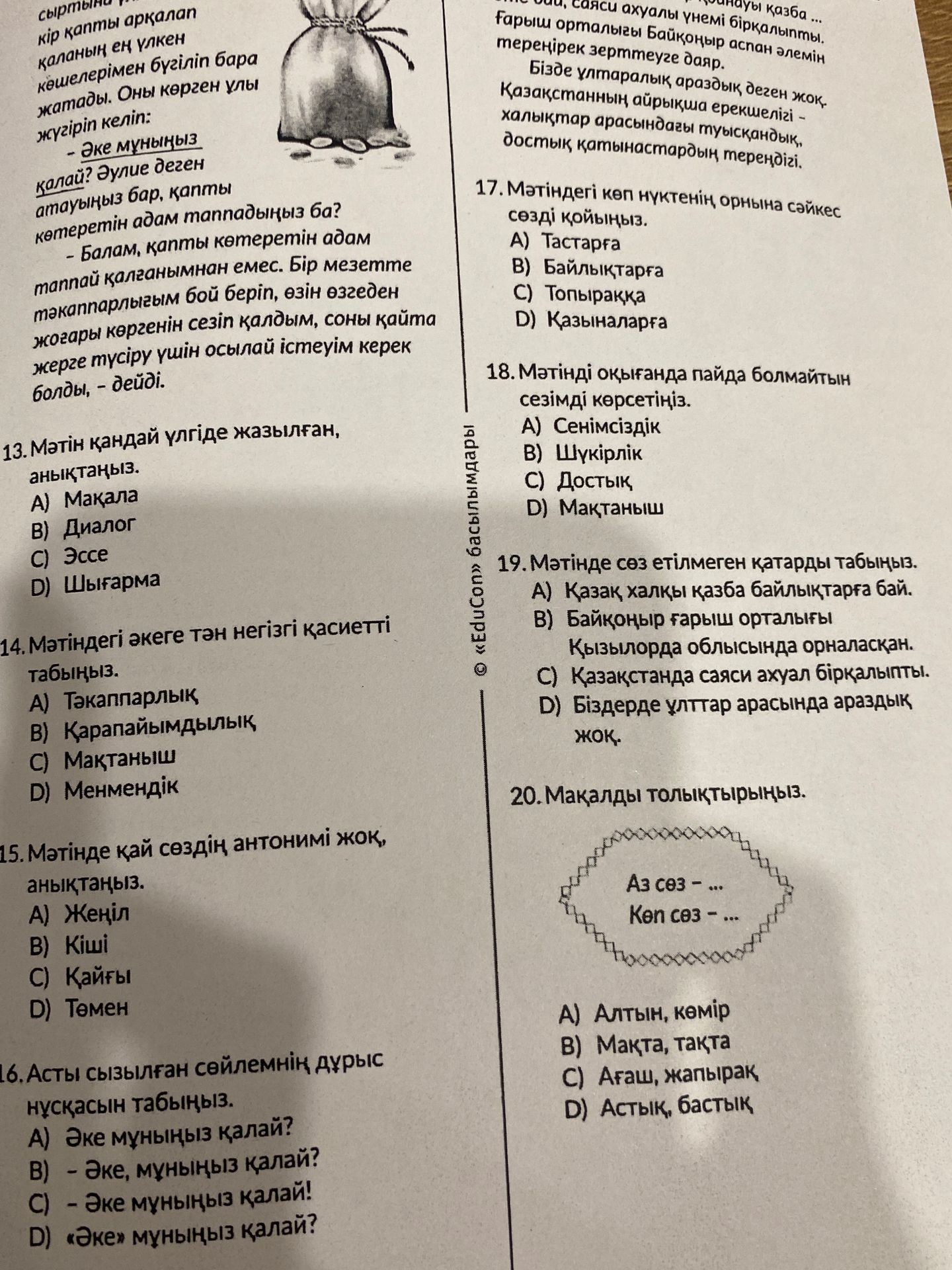 Фото задания: 13. Мәтін қандай үлгіде жазылған, анықтаңыз. A) Мақала B) Диалог C) Эссе D) Шығарма