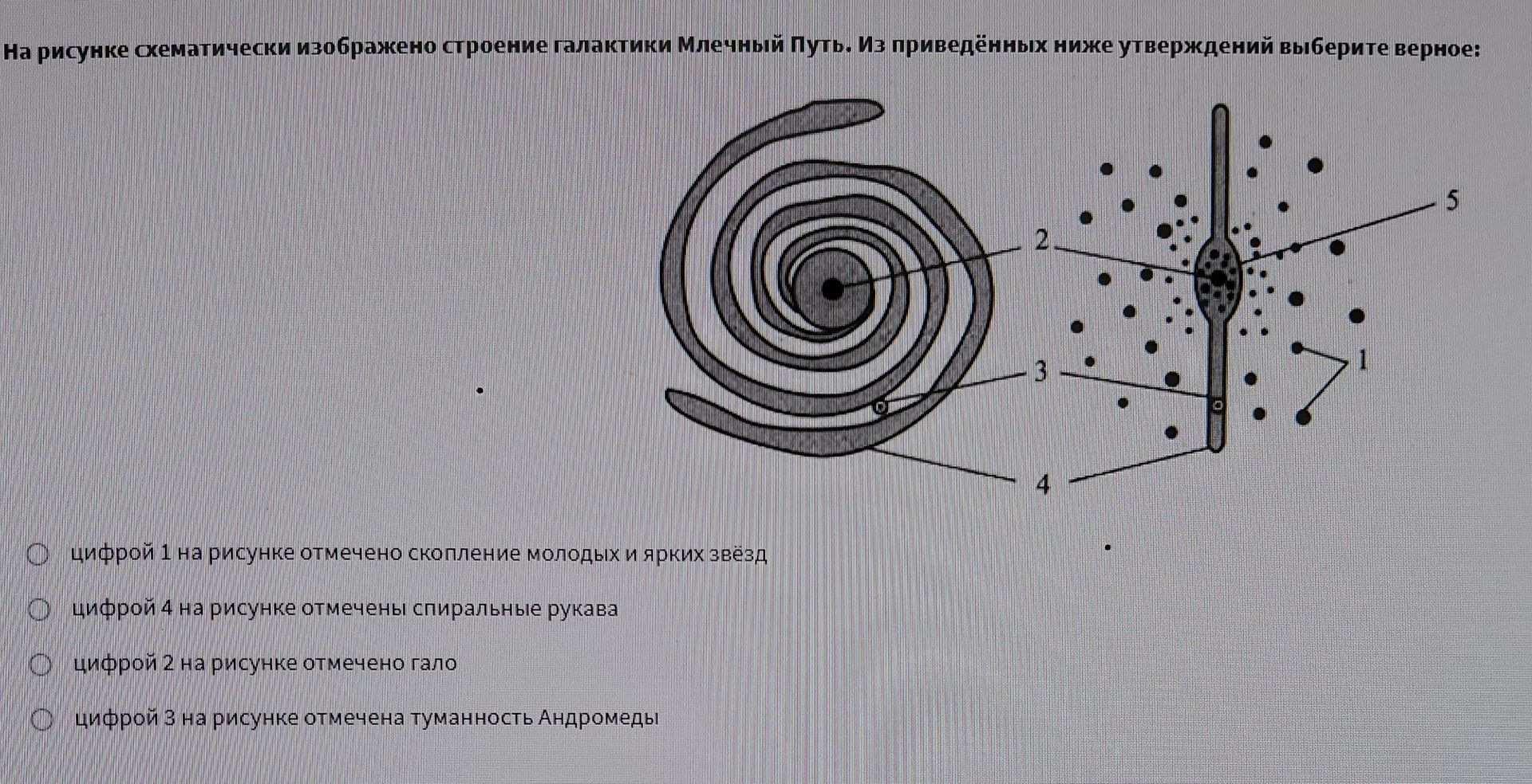 Фото задания: На рисунке схематически изображено строение галактики Млечный Путь. Из приведённых ниже утверждений выберите верное: 1)…