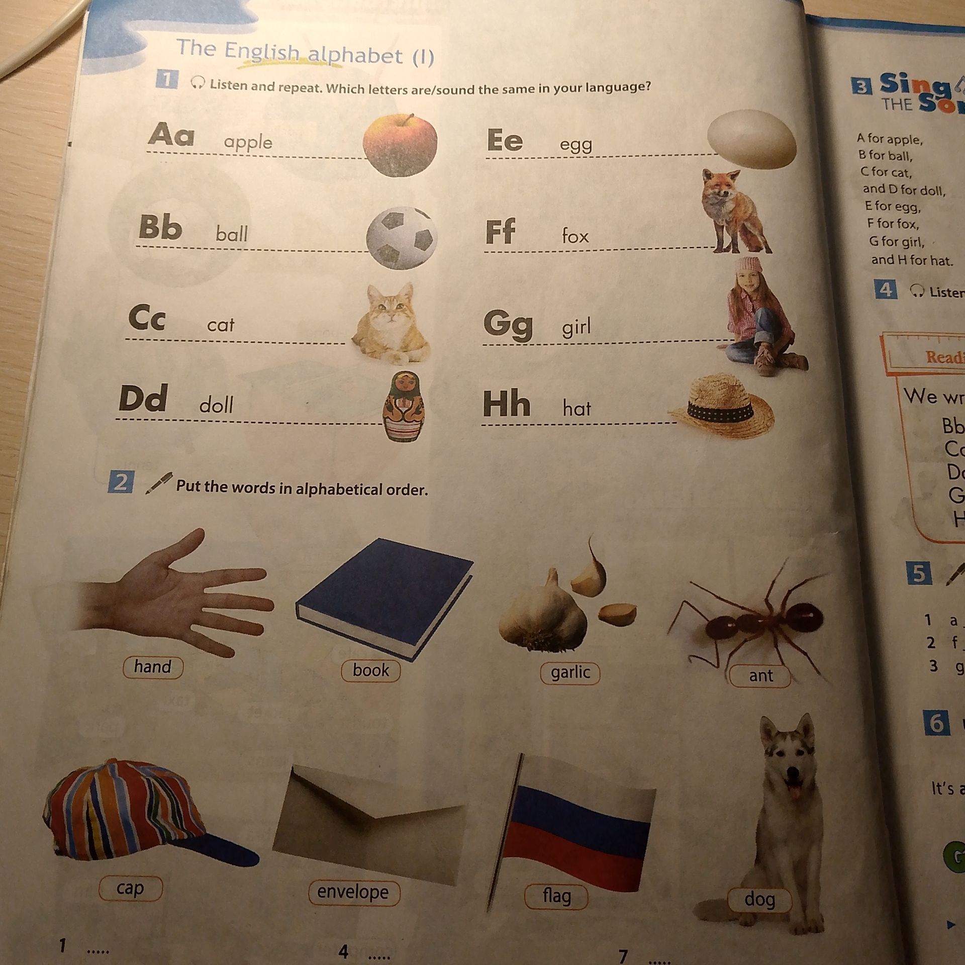 Фото задания: 2. Put the words in alphabetical order: hand, book, garlic, ant, cap, envelope, flag, dog.