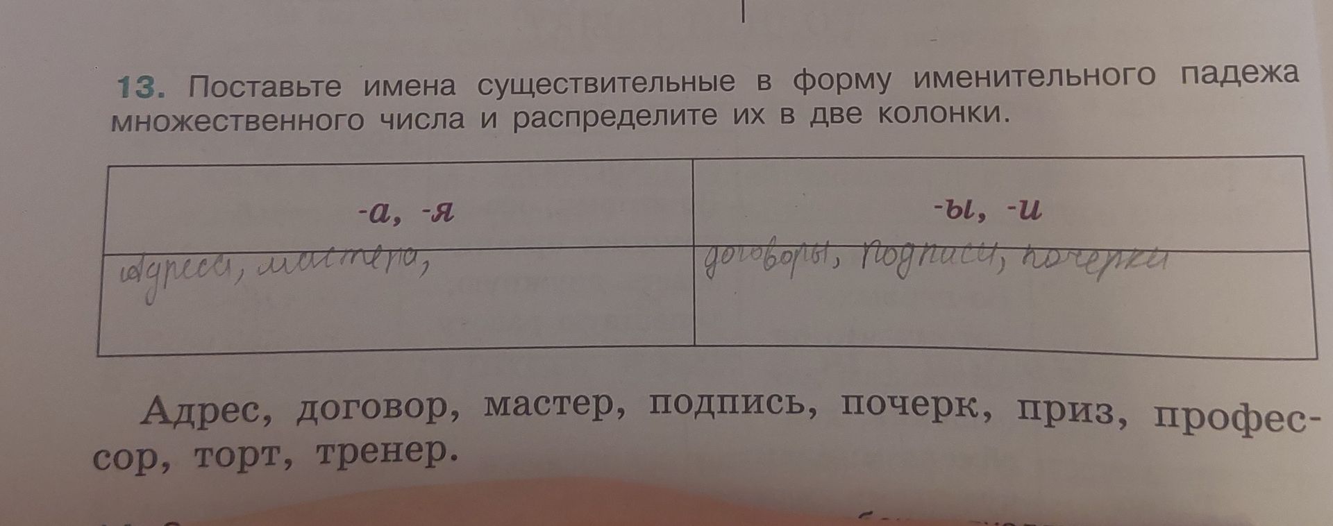 Фото задания: 13. Поставьте имена существительные в форму именительного падежа множественного числа и распределите их в две колонки: -а,…