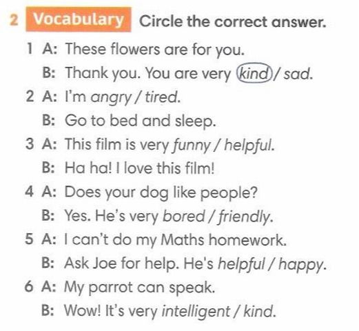 Фото задания: Vocabulary. Circle the correct answer: 1) A: These flowers are for you. B: Thank you. You are very kind/sad. 2) A: I’m…