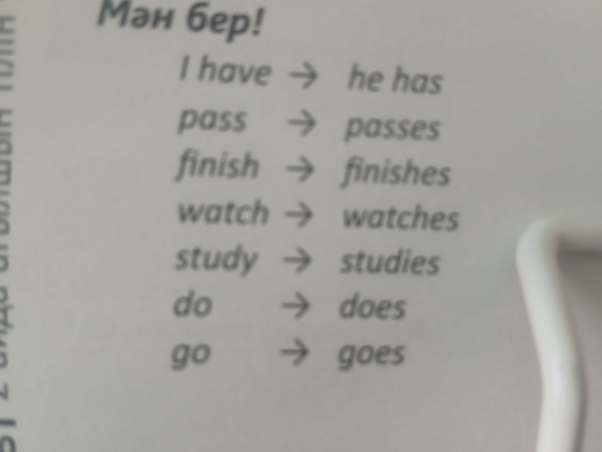 Фото задания: Преобразуйте глаголы по образцу: I have → he has; pass; finish; watch; study; do; go.