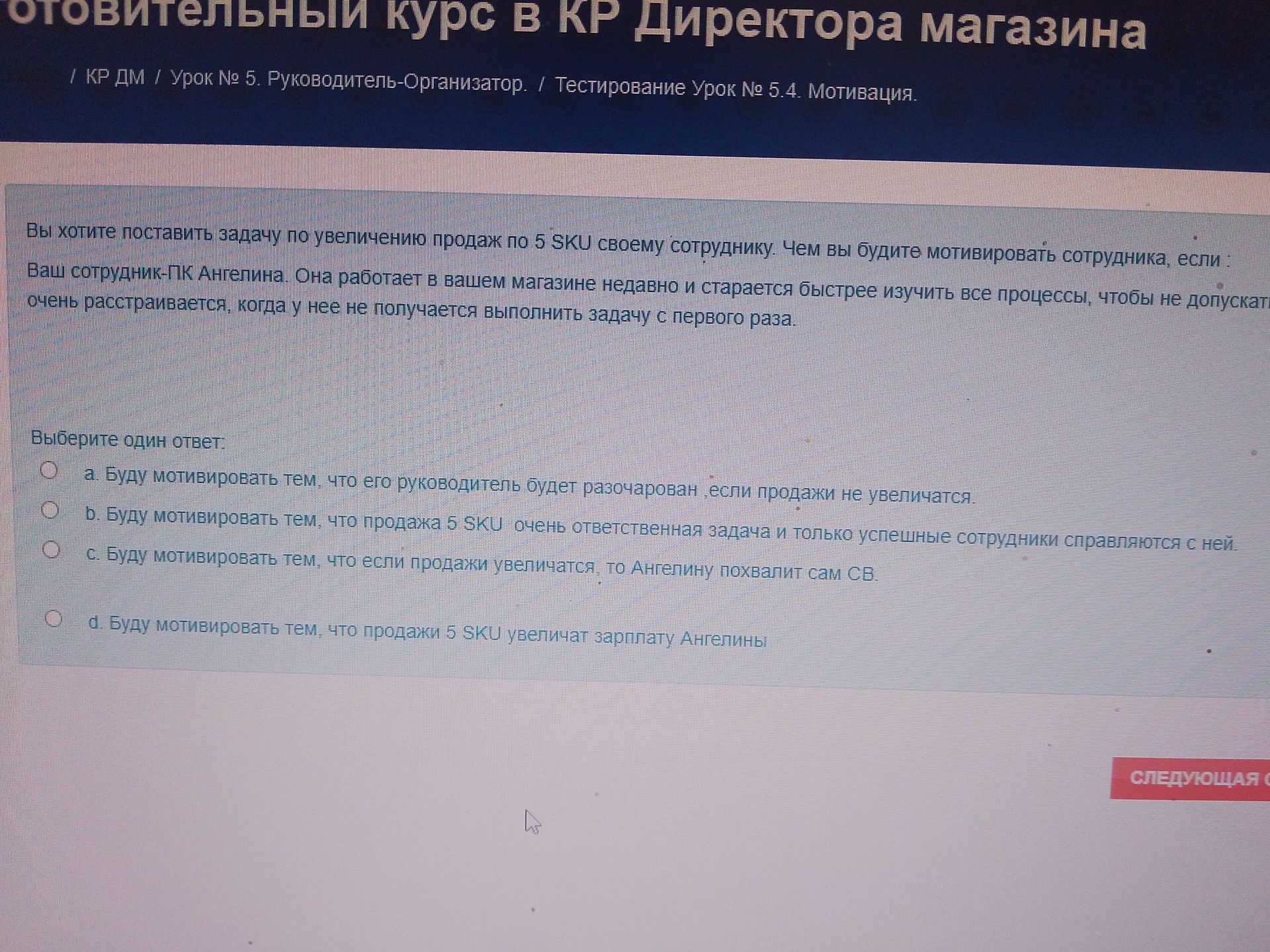 Фото задания: Вы хотите поставить задачу по увеличению продаж по 5 SKU своему сотруднику. Чем вы будете мотивировать сотрудника, если ваш…