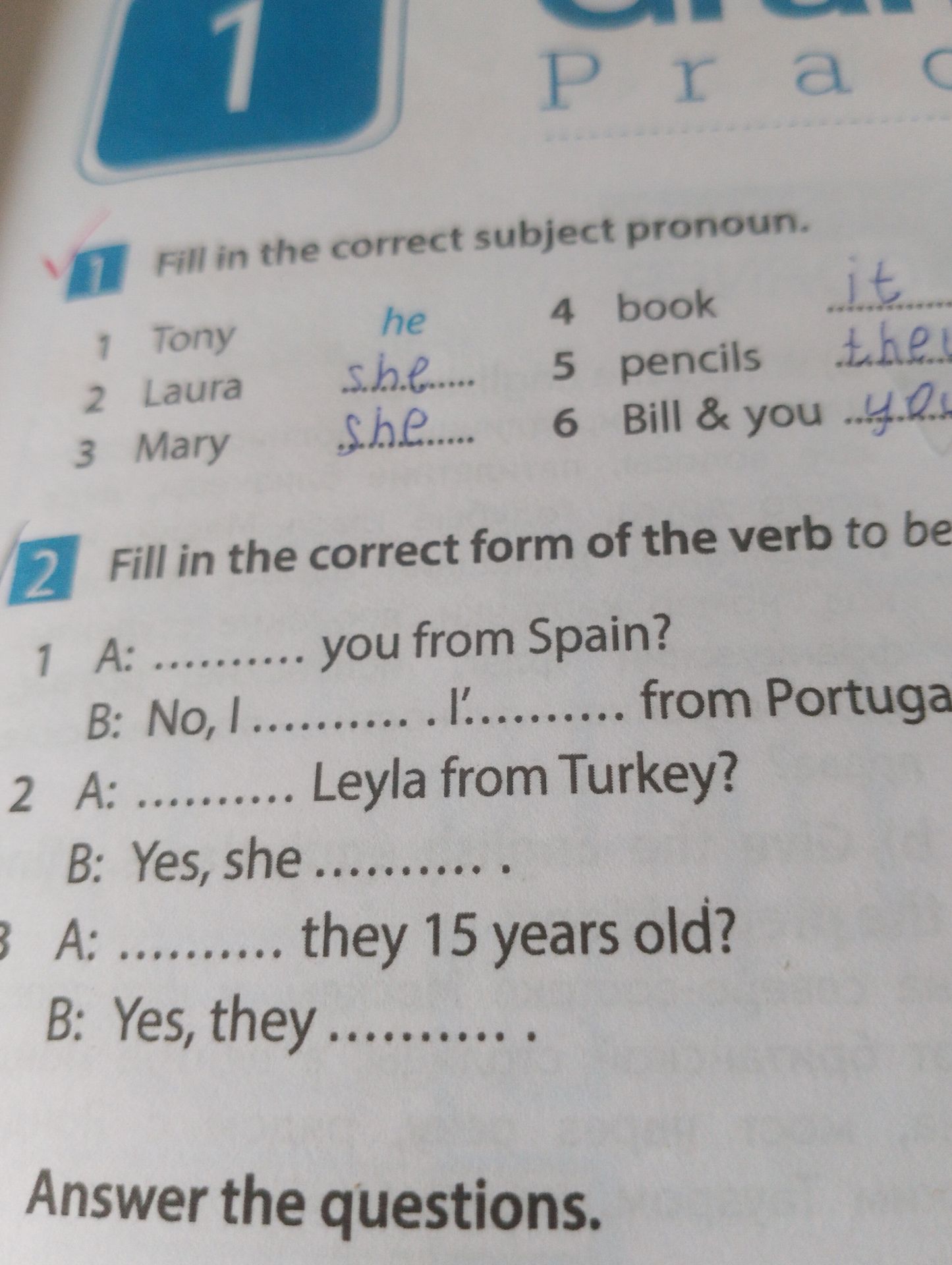 Фото задания: 1) Fill in the correct subject pronoun: Tony; Laura; Mary; book; pencils; Bill & you.