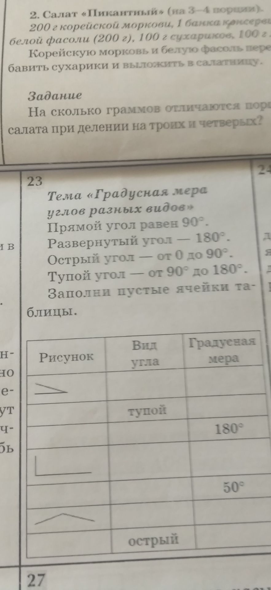 Фото задания: Заполни пустые ячейки таблицы: определи вид угла и его градусную меру по рисунку или указанной мере.