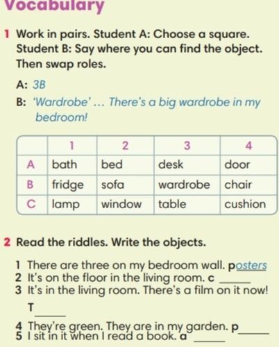 Фото задания: 1) Work in pairs. Student A: Choose a square. Student B: Say where you can find the object. Then swap roles. Objects: A1…