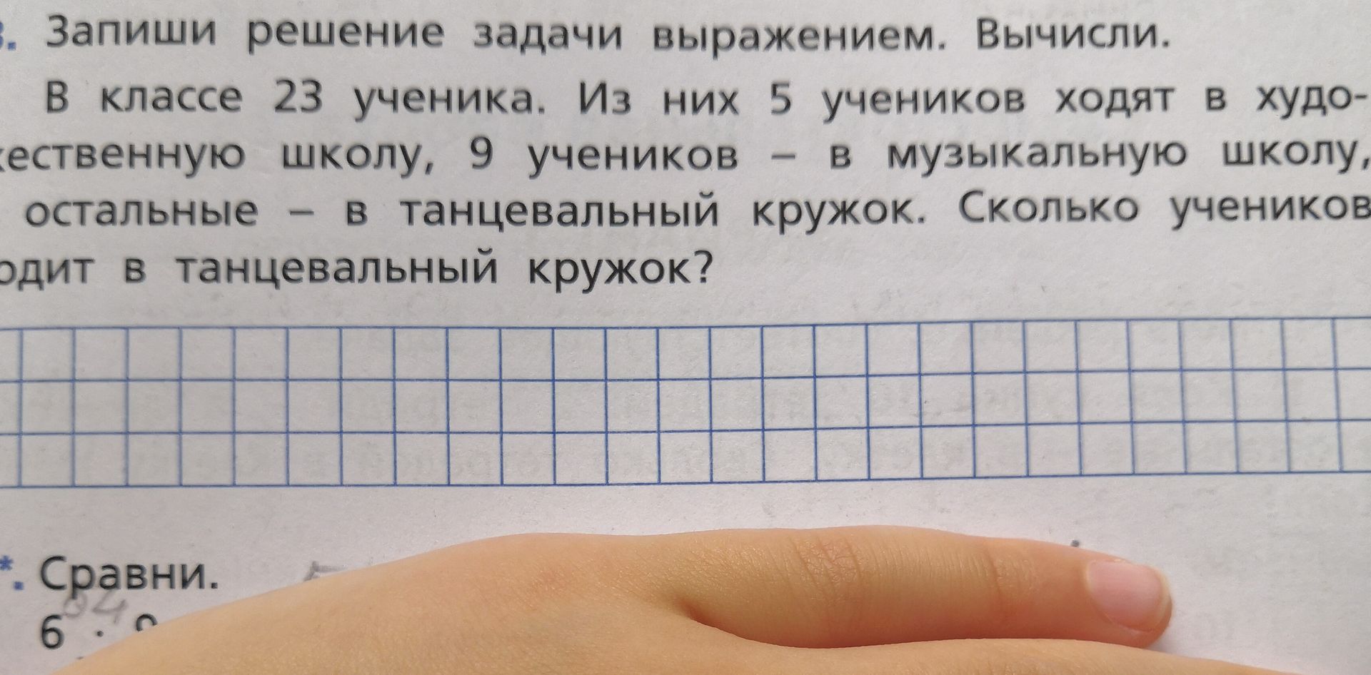 Фото задания: Запиши решение задачи выражением. Вычисли. В классе 23 ученика. Из них 5 учеников ходят в художественную школу, 9 учеников…