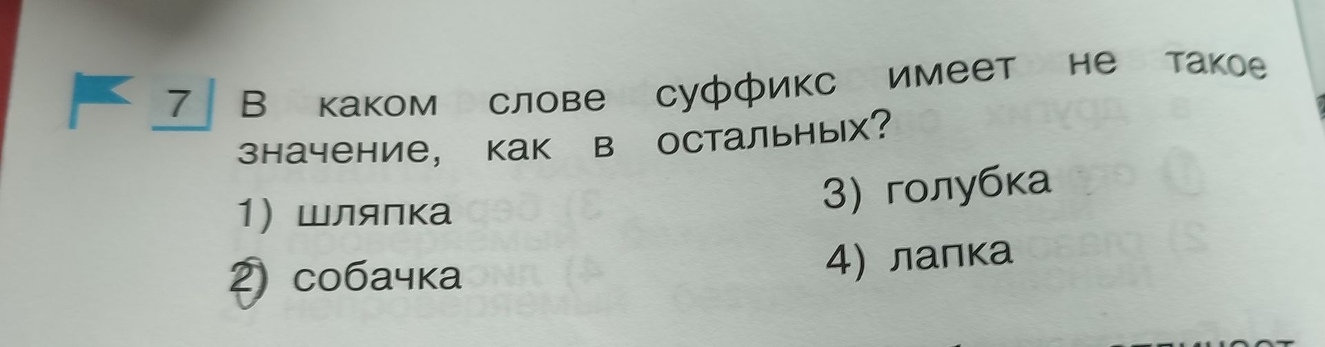 Фото задания: В каком слове суффикс имеет не такое значение, как в остальных? 1) шляпка; 2) собачка; 3) голубка; 4) лапка.