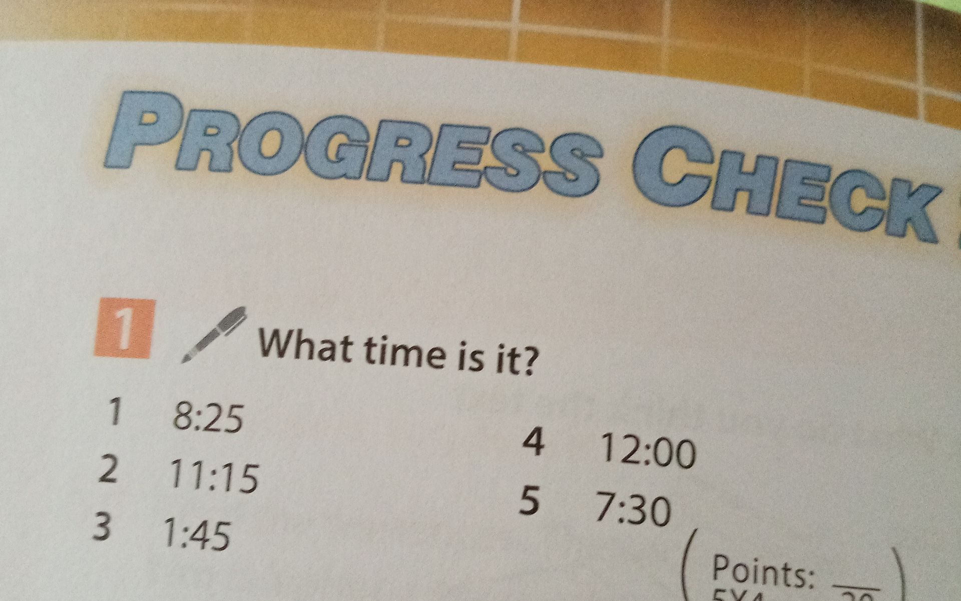 Фото задания: What time is it? 1) 8:25; 2) 11:15; 3) 1:45; 4) 12:00; 5) 7:30.