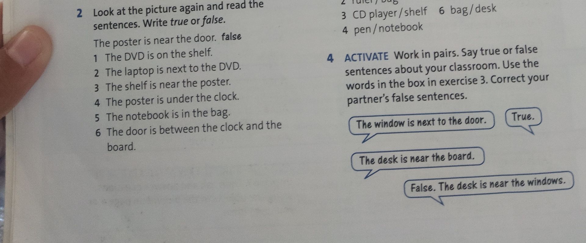 Фото задания: Look at the words in the box in exercise 3: ruler / bag; CD player / shelf; pen / notebook; bag / desk. Work in pairs. Say…