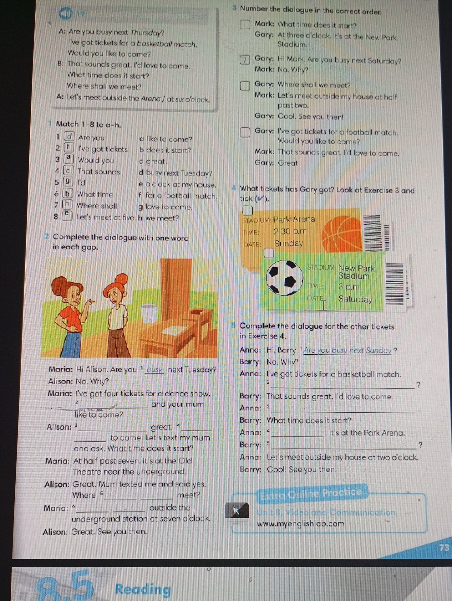 Фото задания: 4. What tickets has Gary got? Look at Exercise 3 and tick (✓). Tickets shown: basketball match at Park Arena, 2.30 p.m.,…