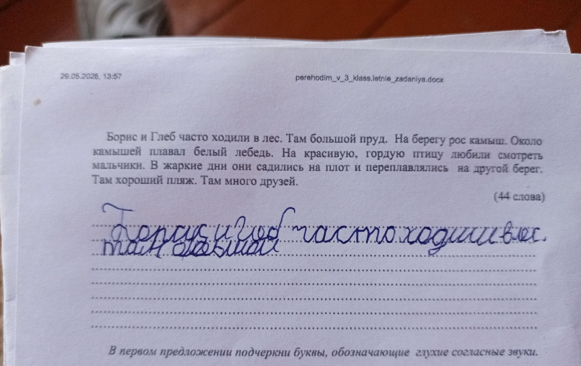 Фото задания: В первом предложении подчеркни буквы, обозначающие глухие согласные звуки. Борис и Глеб часто ходили в лес.