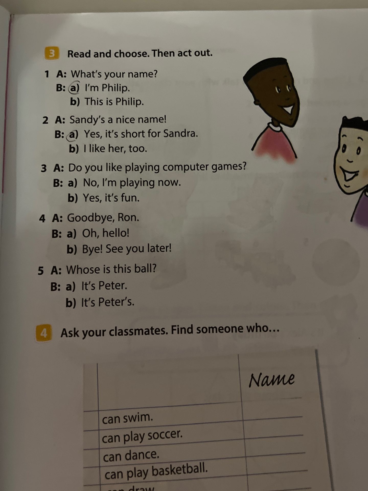 Фото задания: Ask your classmates. Find someone who can swim, can play soccer, can dance, can play basketball, can draw.