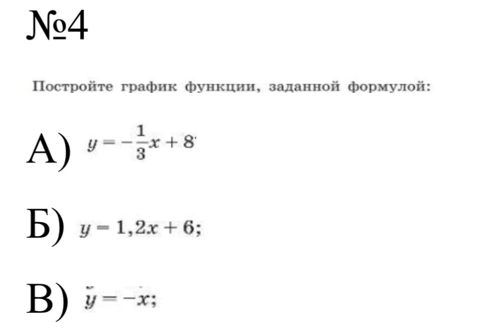 Фото задания: Постройте график функции, заданной формулой: а) y = −(1/3)x + 8; б) y = 1,2x + 6; в) y = −x.