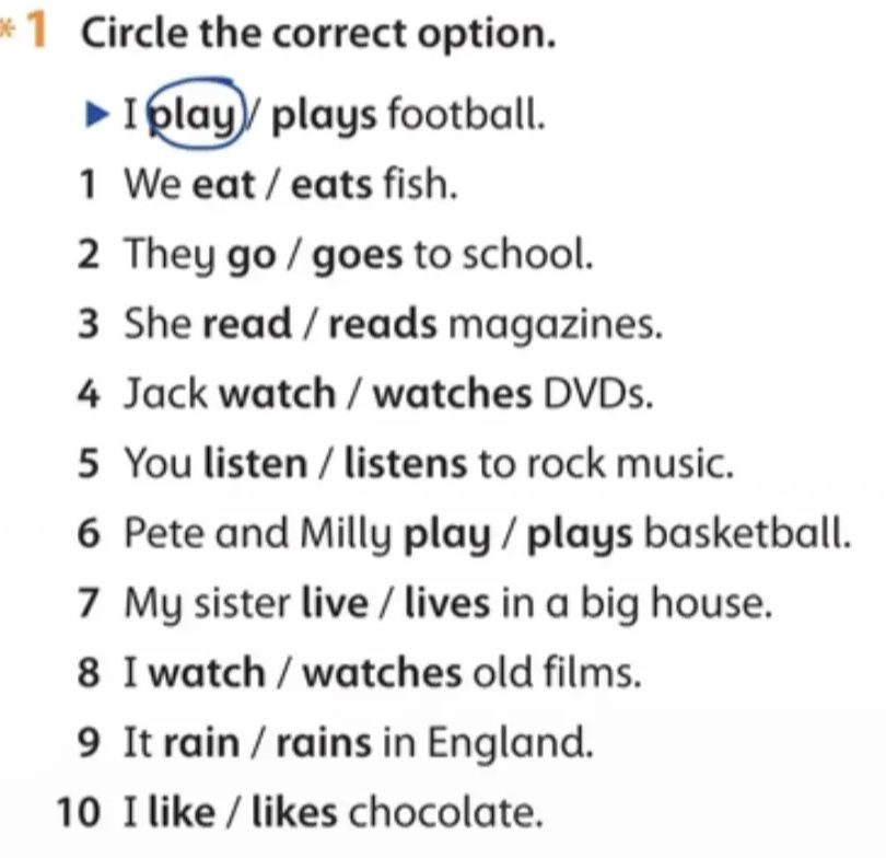 Фото задания: Circle the correct option: 0) I play / plays football; 1) We eat / eats fish; 2) They go / goes to school; 3) She read /…