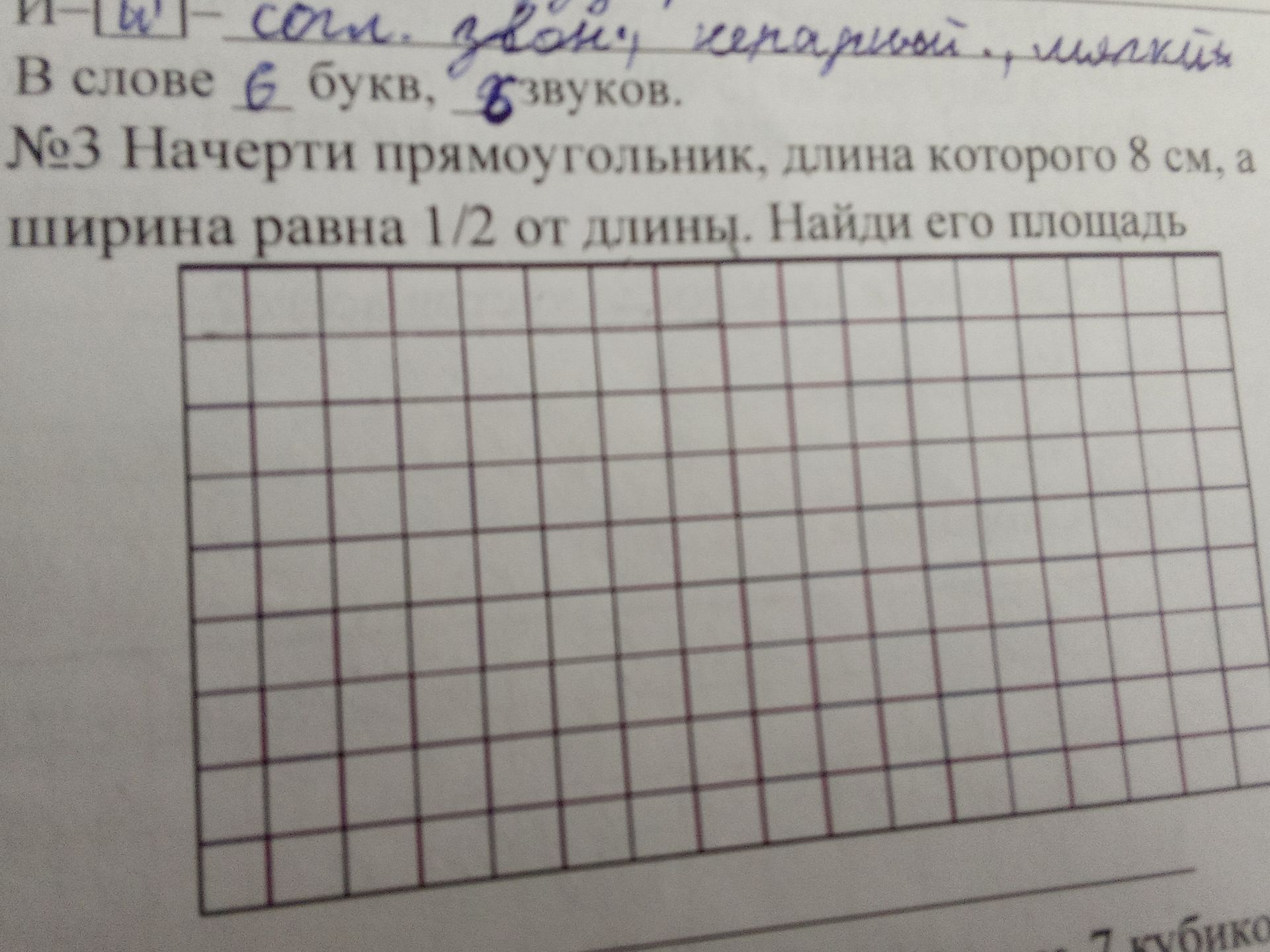 Фото задания: Начерти прямоугольник, длина которого 8 см, а ширина равна 1/2 от длины. Найди его площадь.