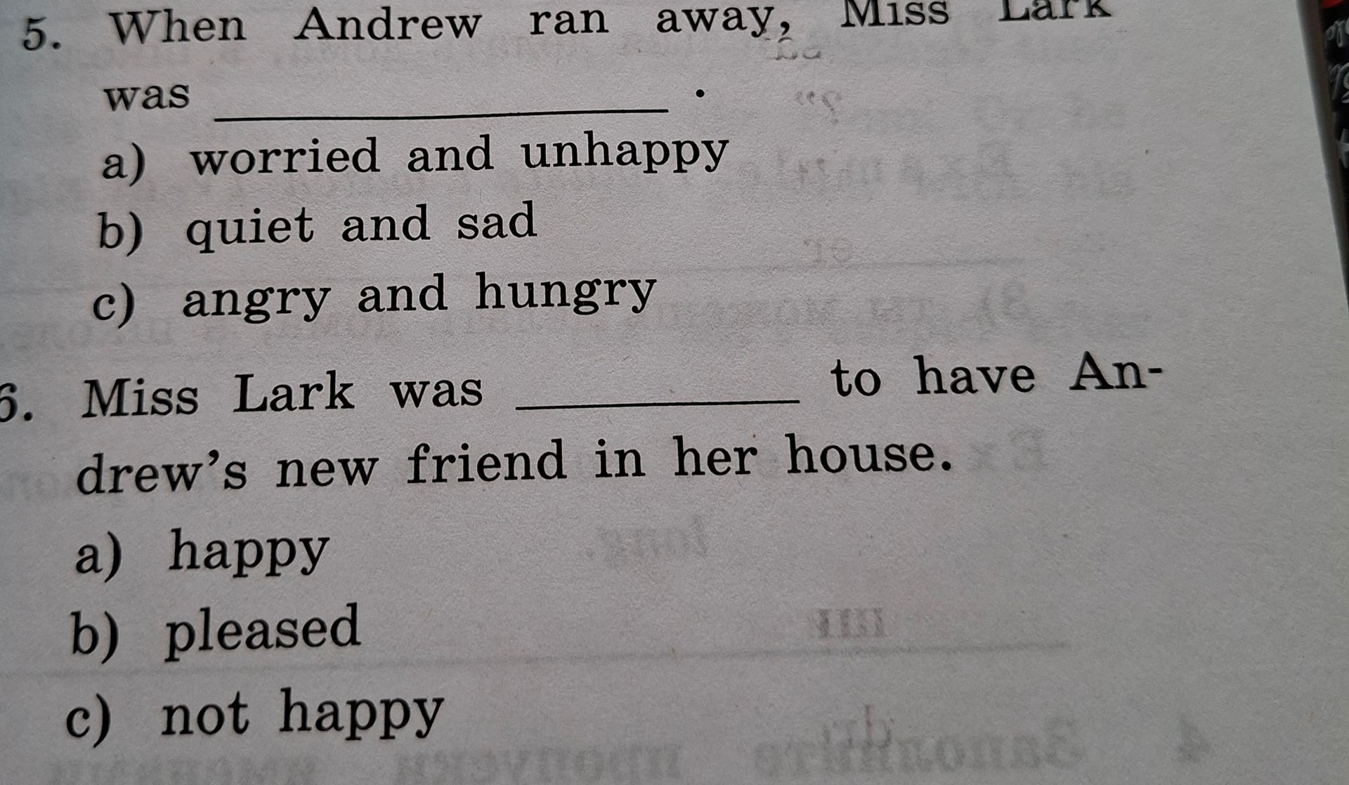 Фото задания: 5. When Andrew ran away, Miss Lark was _____. a) worried and unhappy; b) quiet and sad; c) angry and hungry. 6. Miss Lark was…