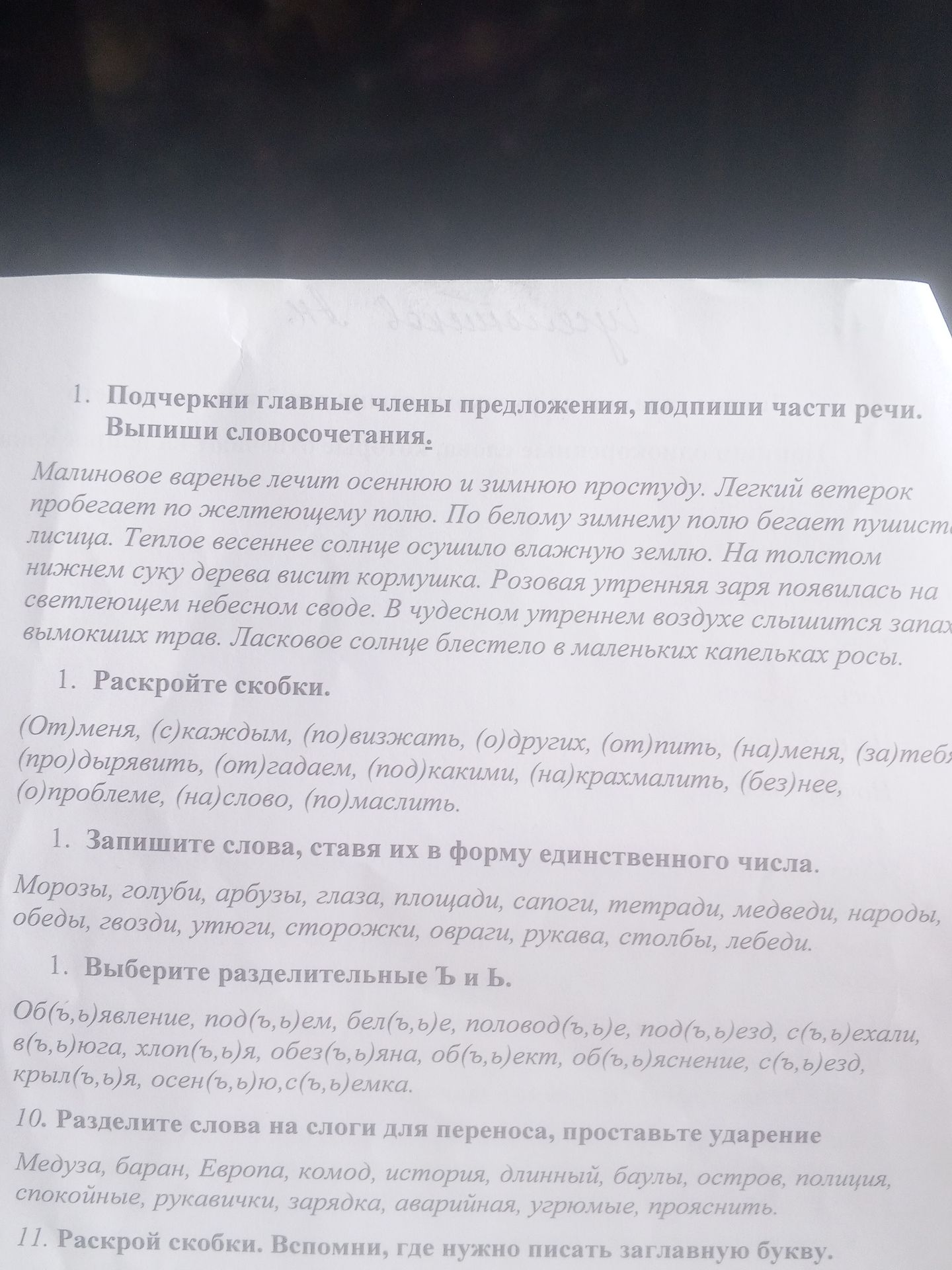 Фото задания: Запишите слова, ставя их в форму единственного числа: морозы, голуби, арбузы, глаза, площади, сапоги, тетради, медведи,…