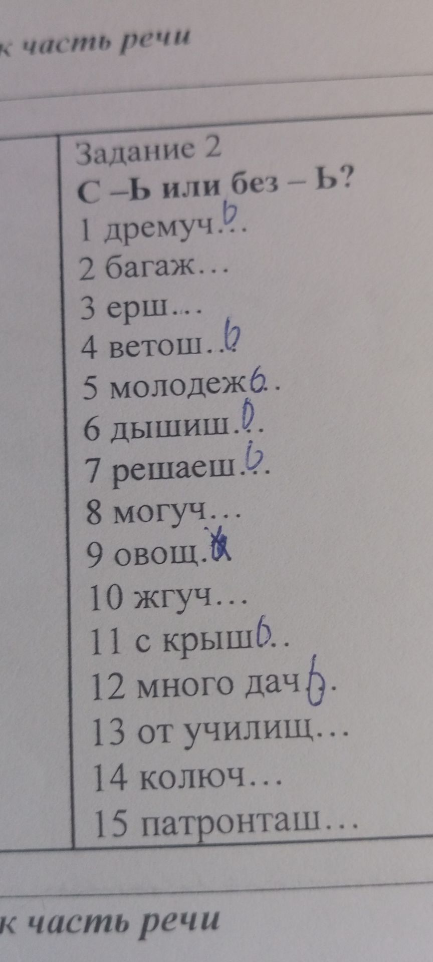 Фото задания: С Ь или без Ь? Вставьте, где необходимо, мягкий знак: 1) дремуч...; 2) багаж...; 3) ерш...; 4) ветош...; 5) молодеж...; 6)…