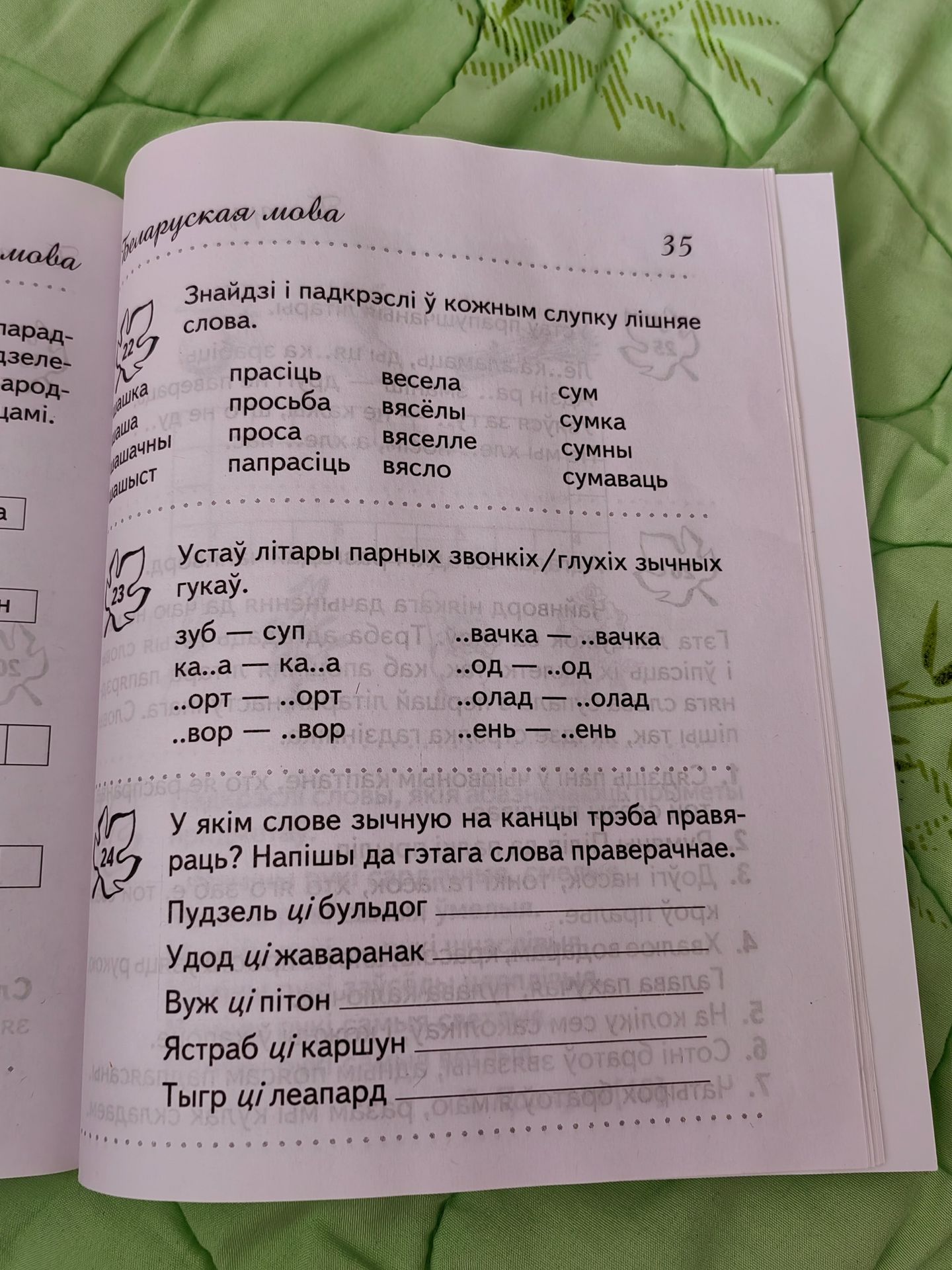 Фото задания: Устаў літары парных звонкіх/глухіх зычных гукаў: зуб — суп; ка..а — ка..а; ..орт — ..орт; ..вор — ..вор; ..вачка — ..вачка;…