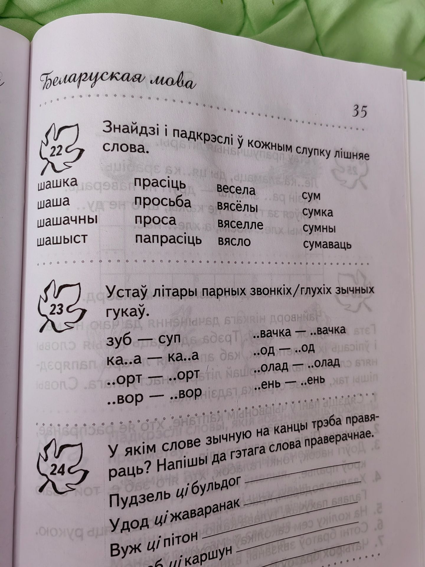Фото задания: У якім слове зычную на канцы трэба правяраць? Напішы да гэтага слова правапіс. Пузель ці бульдог; Удод ці жаваранaк; Вуж ці…