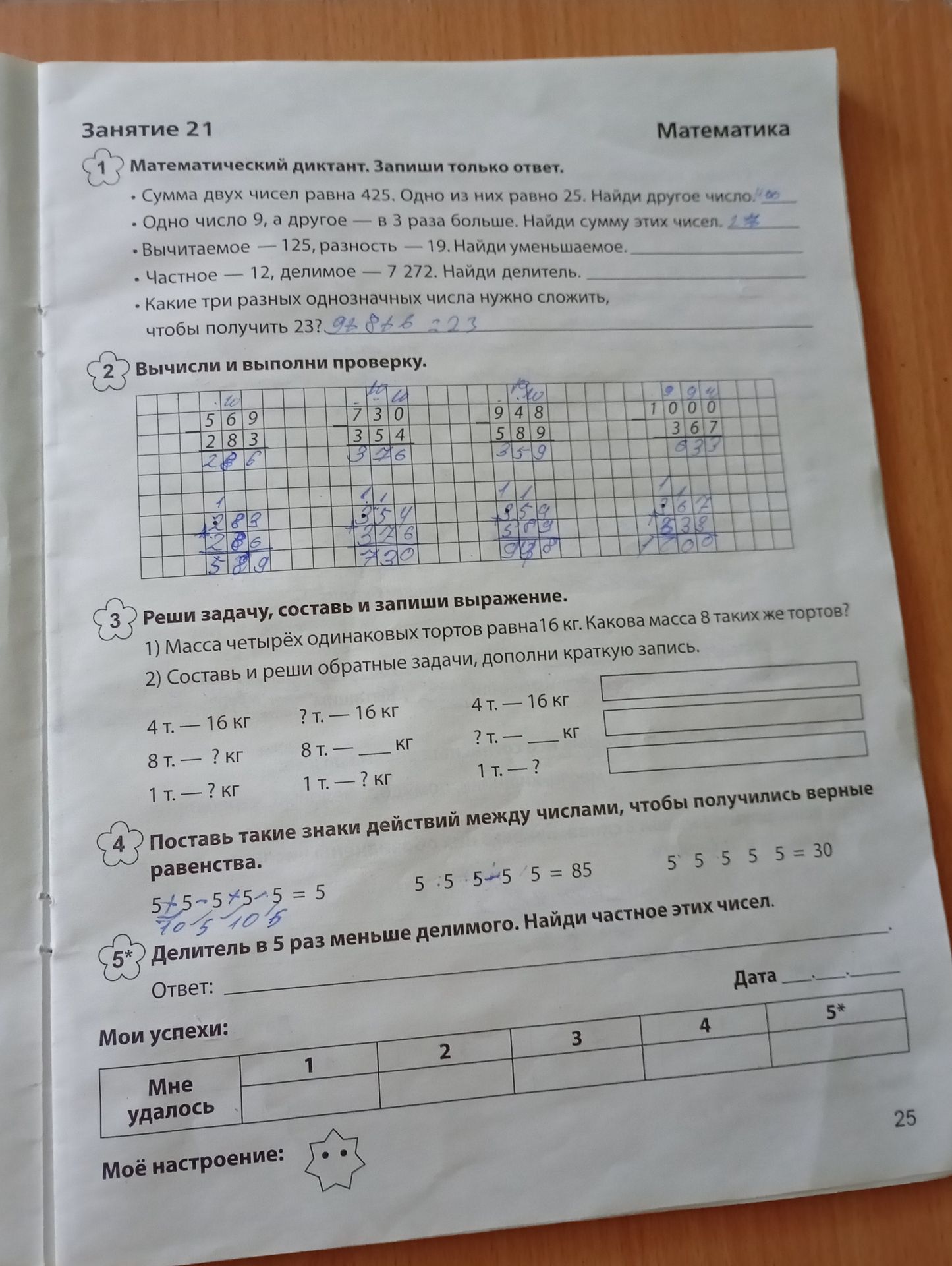 Фото задания: 1) Математический диктант: а) сумма двух чисел равна 425, одно из них равно 25; найти другое число; б) одно число 9, а другое…