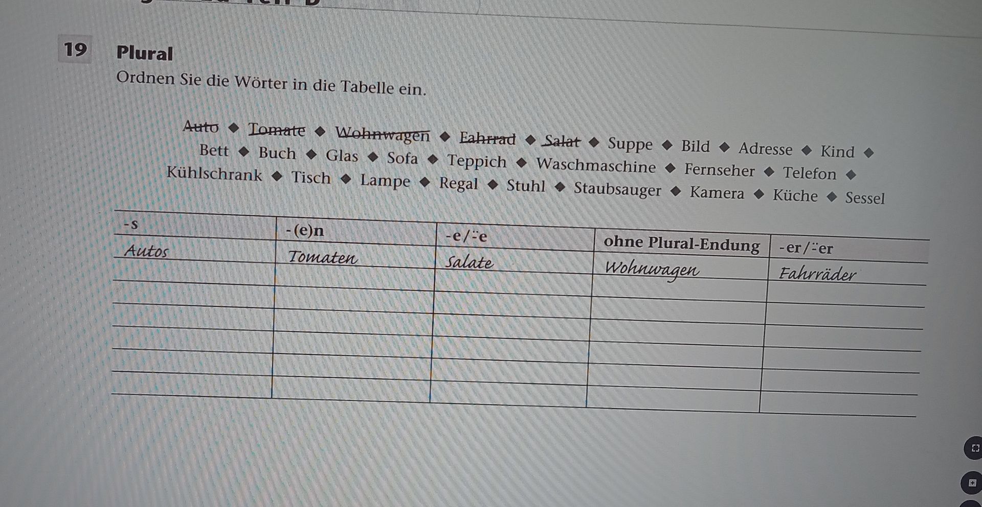 Фото задания: Plural: Ordnen Sie die Wörter in die Tabelle ein. Wörter: Auto, Tomate, Wohnwagen, Fahrrad, Salat, Suppe, Bild, Adresse,…