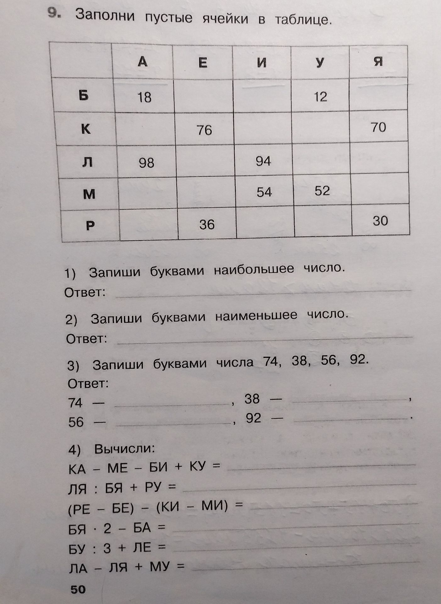 Фото задания: Заполни пустые ячейки в таблице. Буквы столбцов: А, Е, И, У, Я; буквы строк: Б, К, Л, М, Р. Затем: 1) запиши буквами…