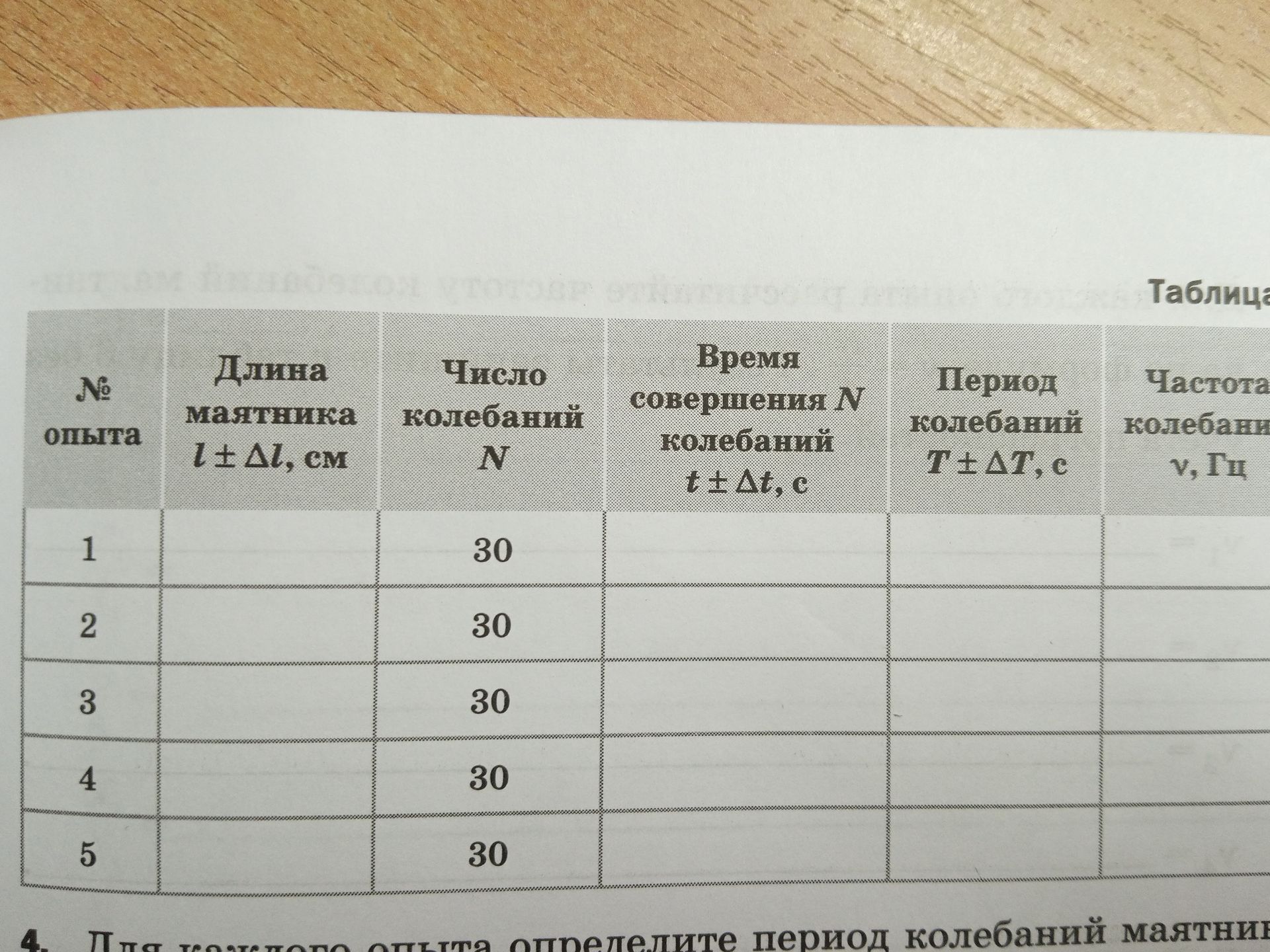 Фото задания: По данным опытов заполните таблицу: укажите длину маятника l ± Δl, число колебаний N, время совершения N колебаний t ± Δt,…