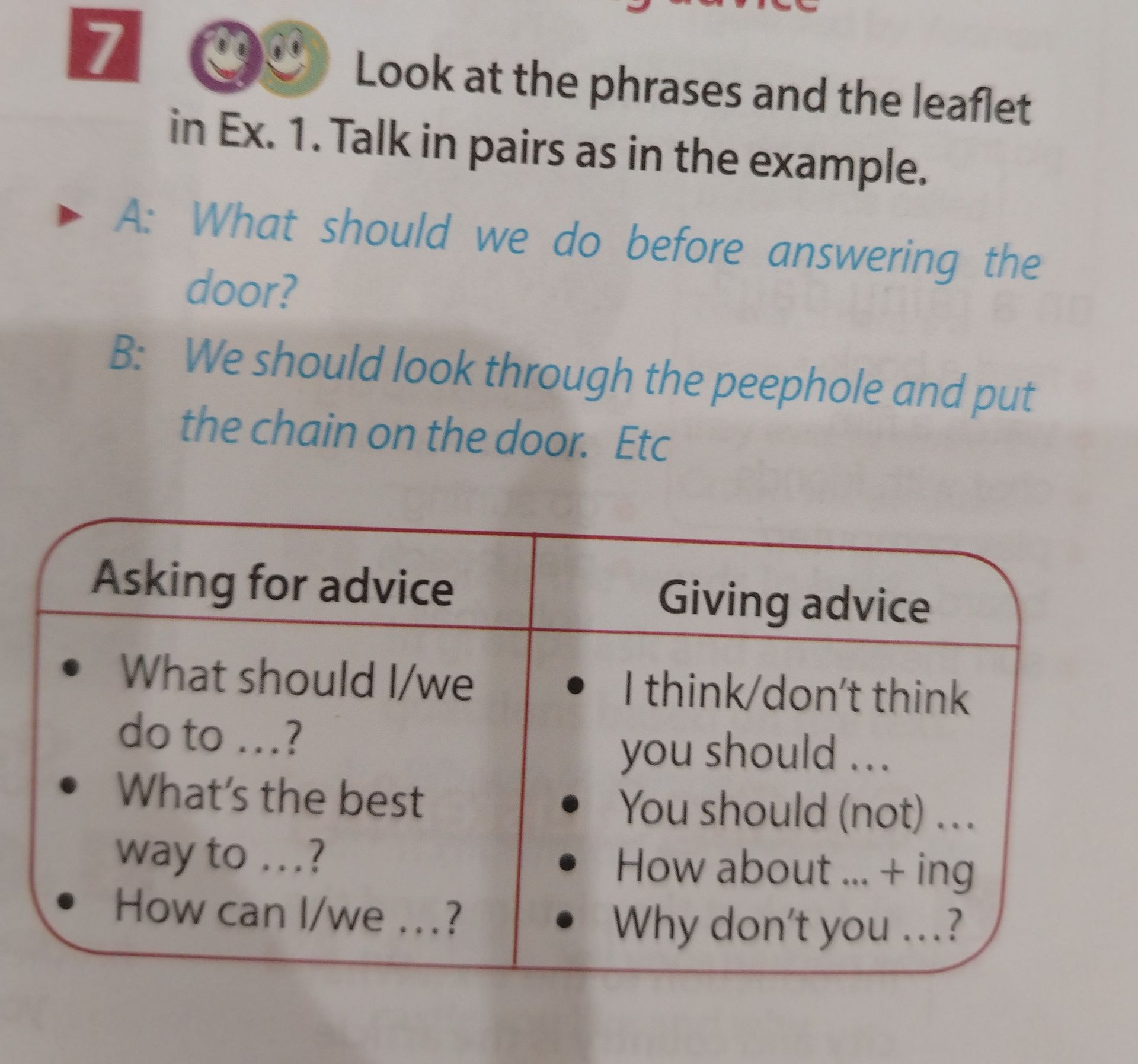 Фото задания: Look at the phrases and the leaflet in Ex. 1. Talk in pairs as in the example. A: What should we do before answering the…
