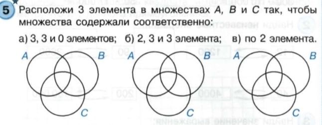Фото задания: Расположи 3 элемента в множествах A, B и C так, чтобы множества содержали соответственно: а) 3, 3 и 0 элементов; б) 2, 3 и…